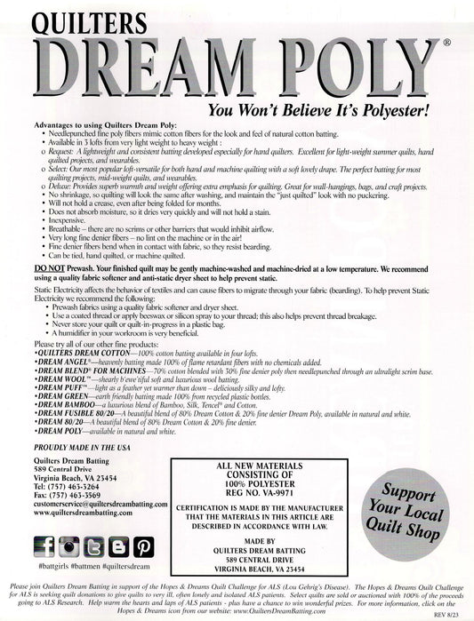 Quilters Dream Poly Deluxe Batting - Double