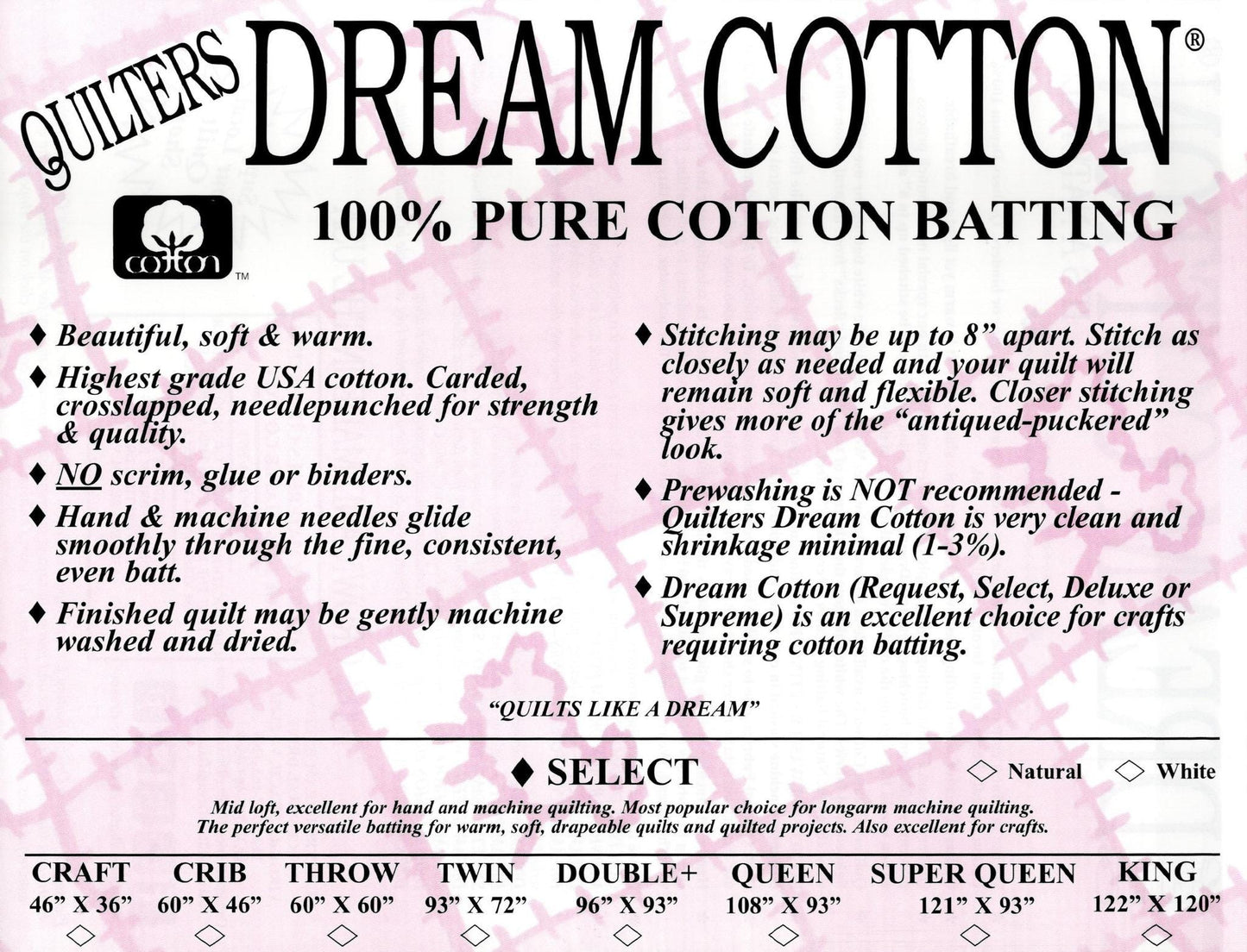 Quilters Dream Cotton Select Batting - Double