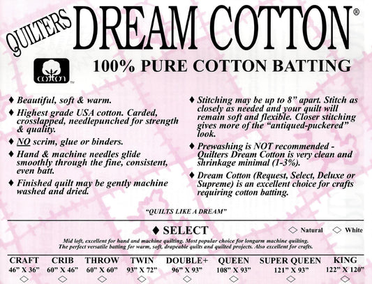 Quilters Dream Cotton Select Batting - Double