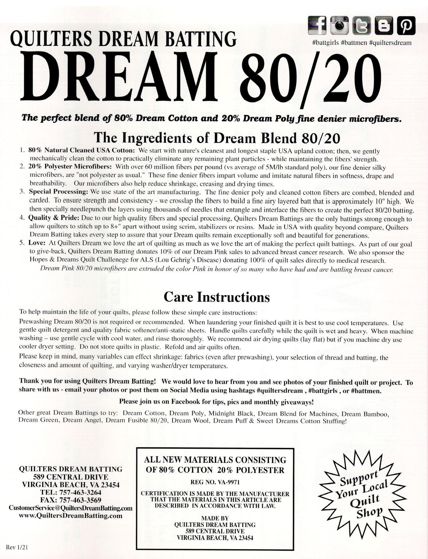 Quilters Dream 80/20 Select Batting - Double